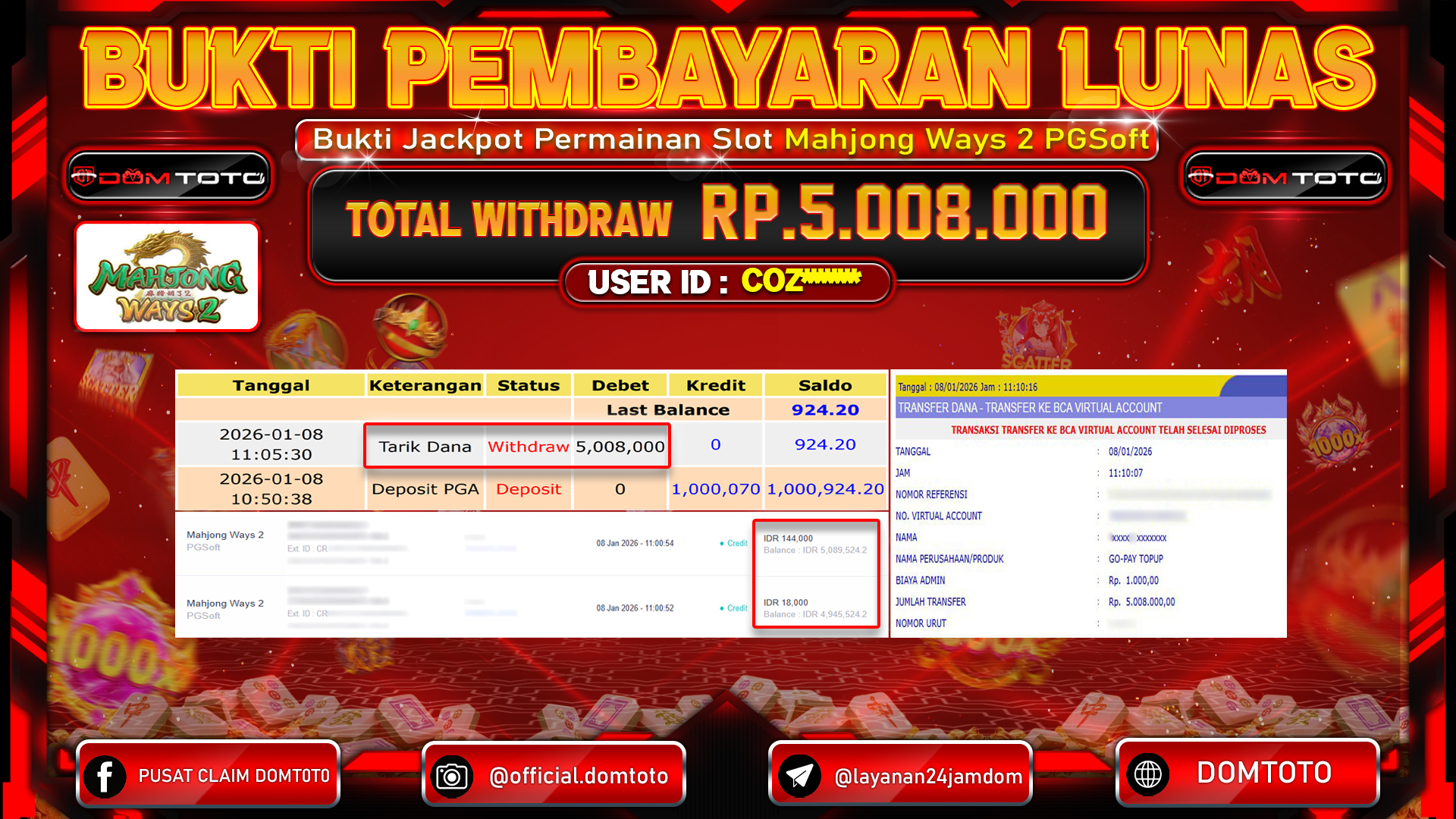 JACKPOT Slot Mahjong Ways 2 PGSoft   8 JANUARI 2026